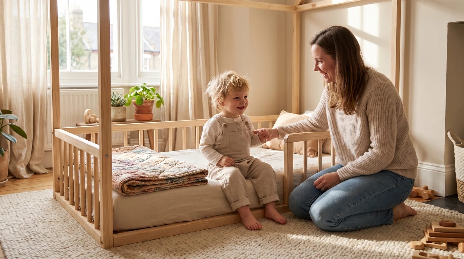 A smiling toddler in beige dungarees sits on a low wooden floor bed, holding their mum's hand as she kneels beside them.