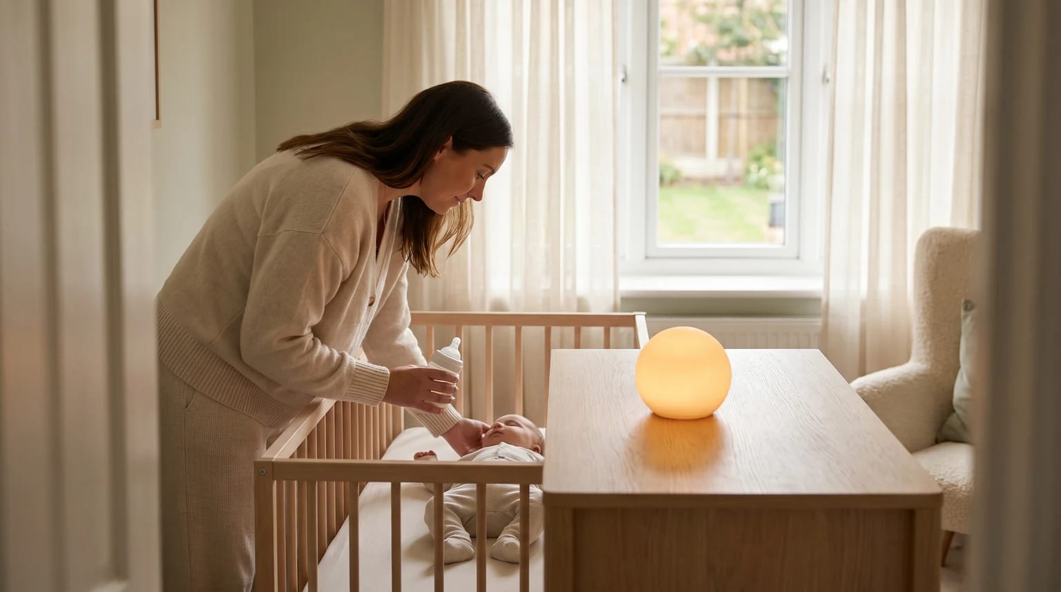 A woman leans over a wooden cot to offer a bottle to a baby, in a calm nursery lit by a warm, spherical lamp on a nearby dresser.
