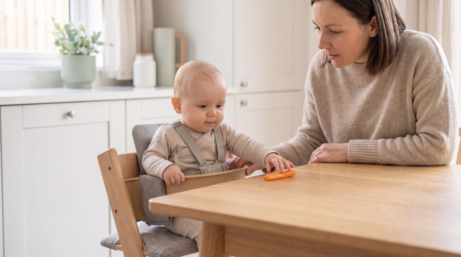 Baby sitting upright with a steady head and reaching for a soft strip of food while a parent watches closely.