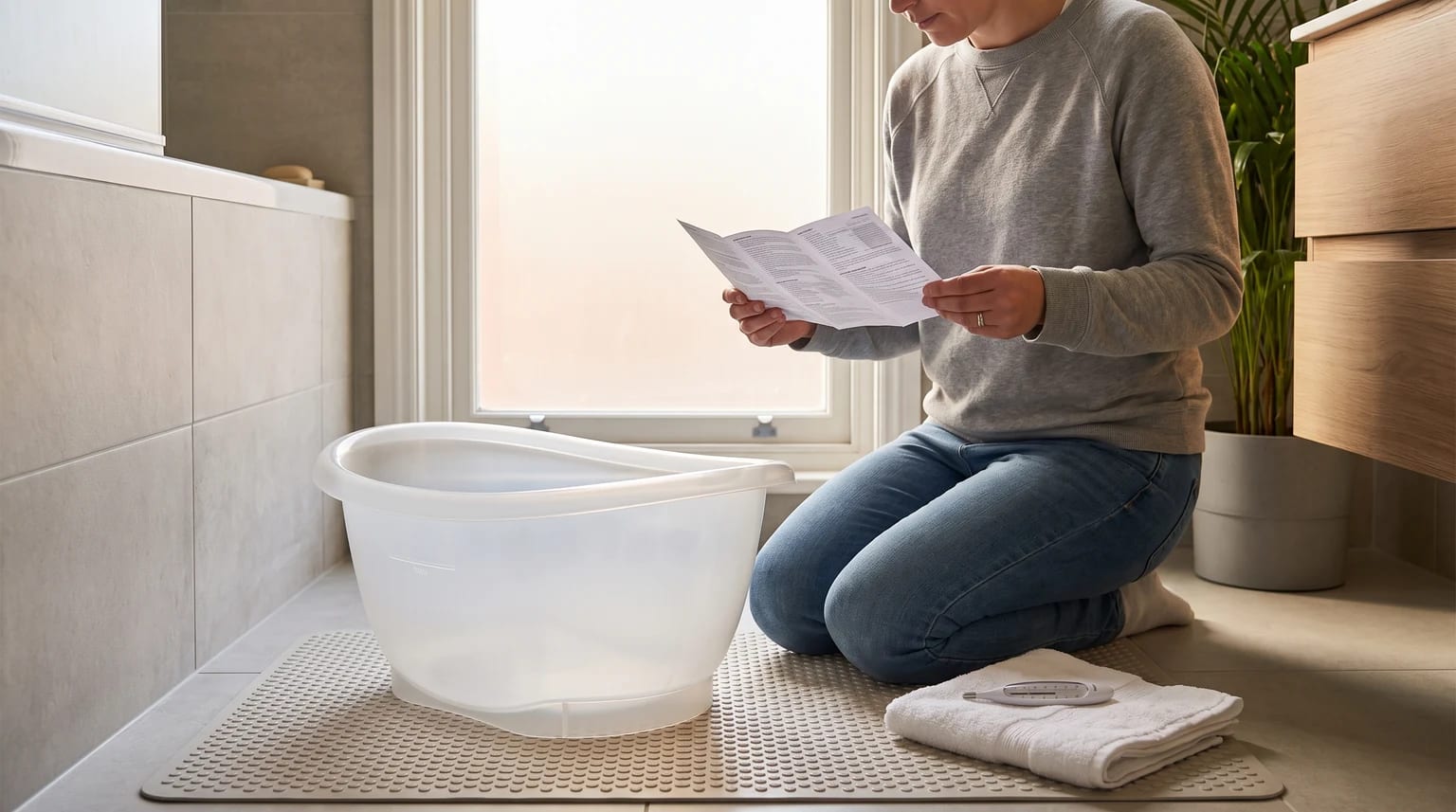 Parent checking instructions beside a purpose-built baby bath before use