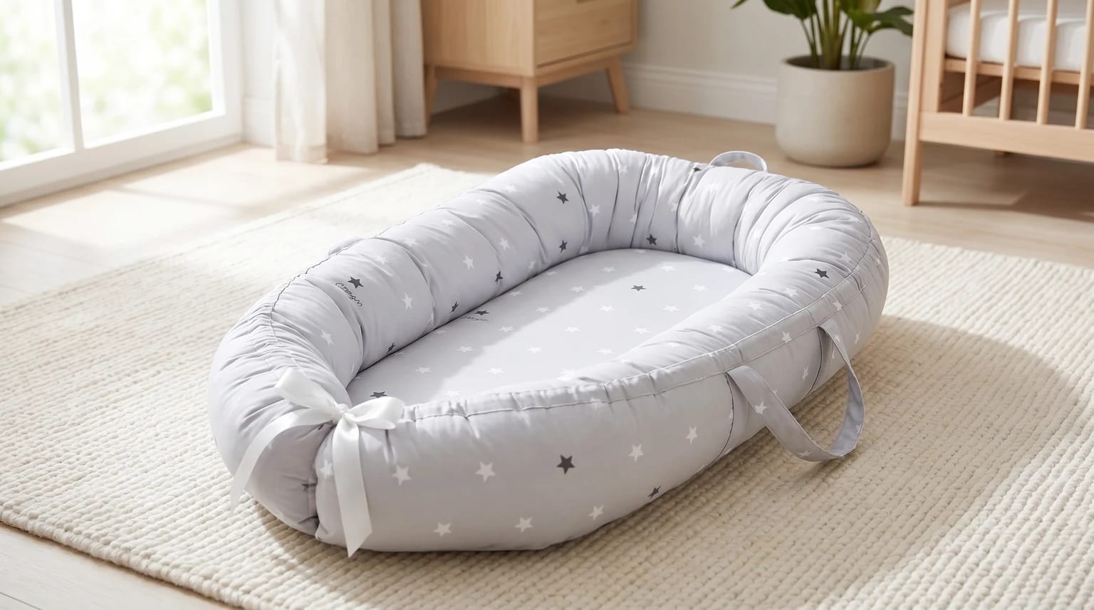 A grey baby nest pod with a white and grey star pattern, sitting on a cream woven rug in a brightly lit nursery.