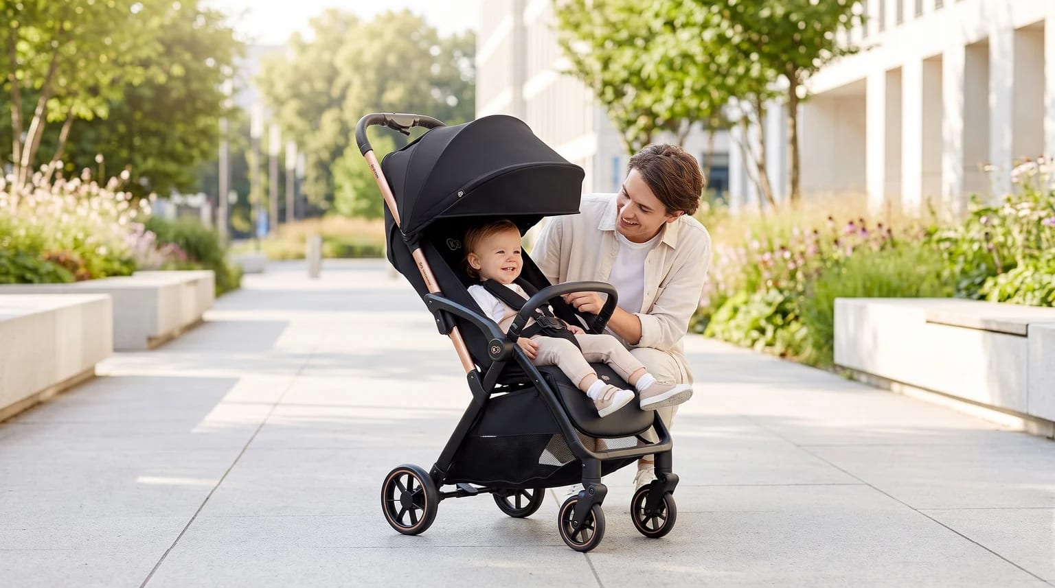 A parent crouches down smiling at a happy baby sitting in a black and rose-gold pushchair on a sunny, paved city path.