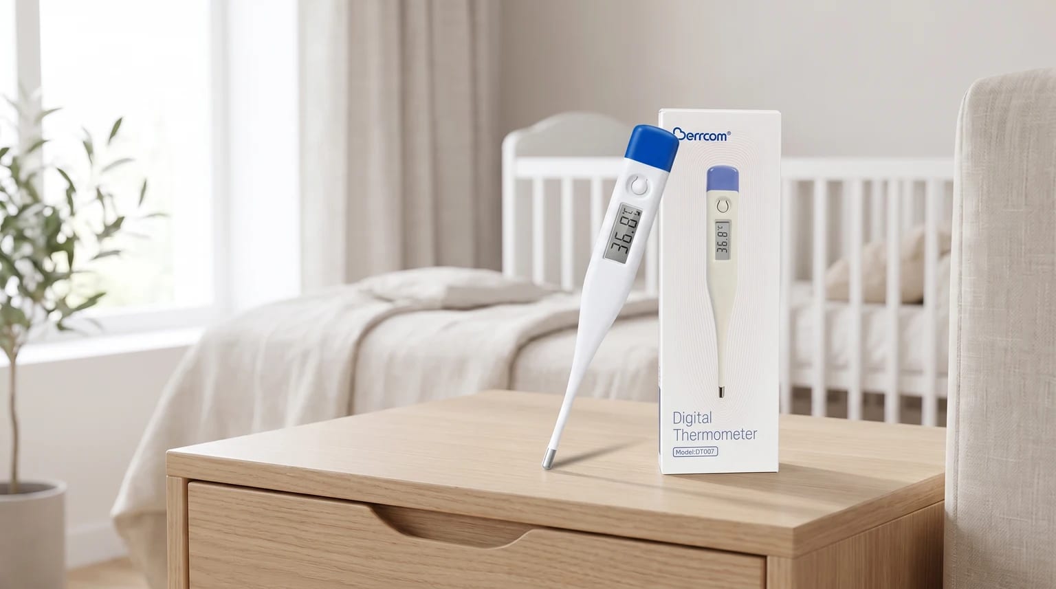 A white and blue digital thermometer is placed on a wooden bedside table beside its box, with a baby's cot in the softly lit background.