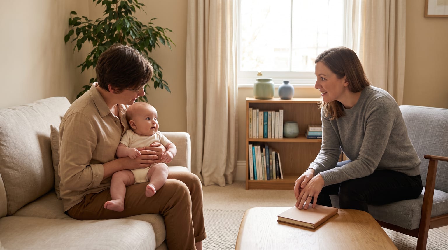 A parent holds an awake baby while talking with a healthcare professional at home.
