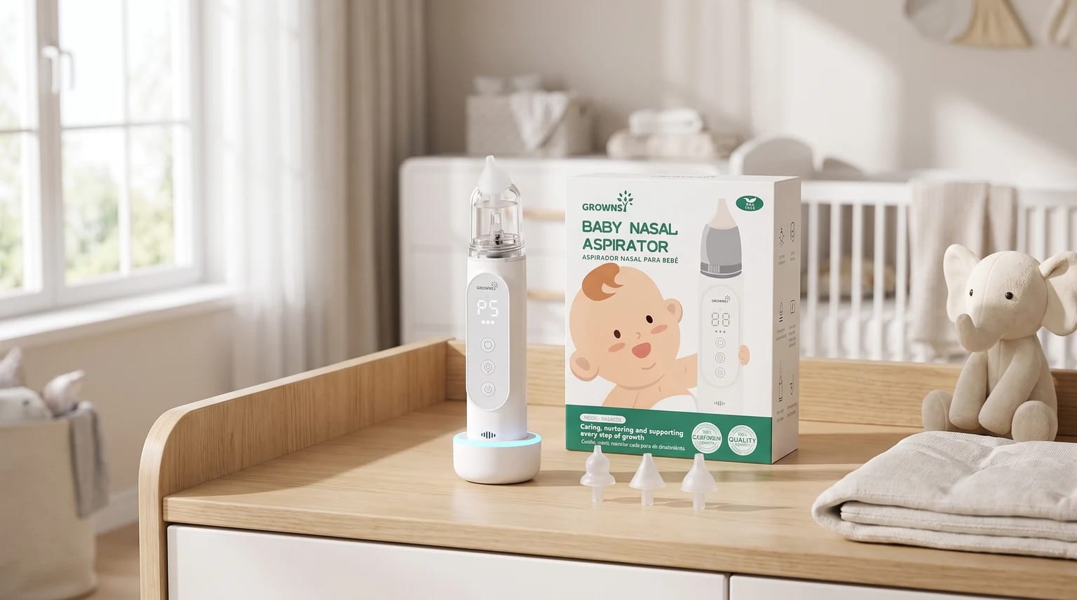 A white electric nasal aspirator on a charging stand sits on a wooden changing table in a baby's nursery, with its packaging and a toy elephant nearby.