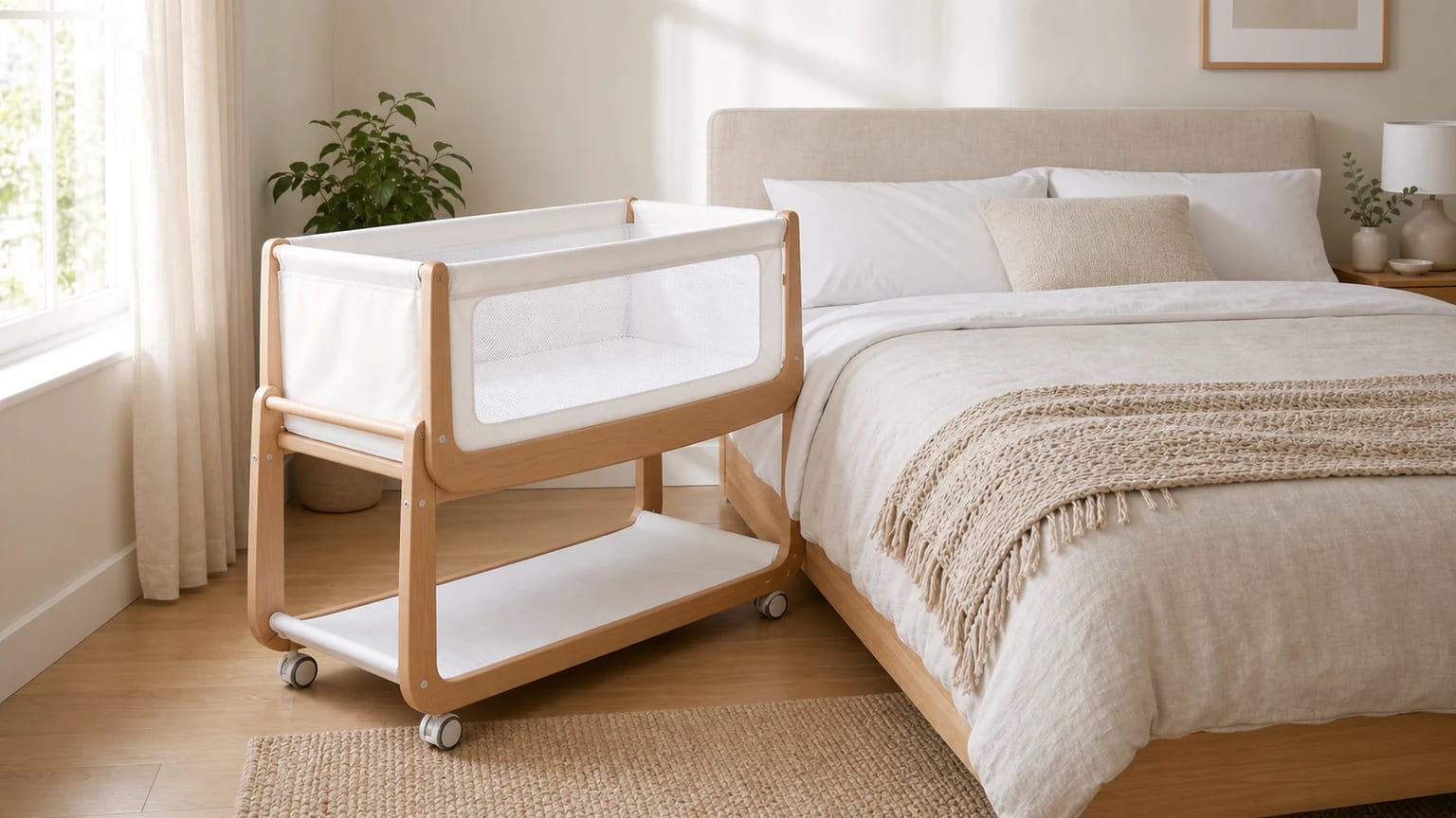 A light wood and white mesh-sided bedside crib stands beside a neatly made bed in a bright bedroom.