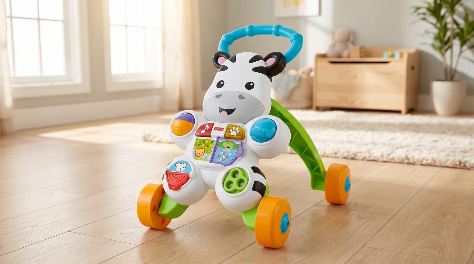 A colourful, interactive zebra-themed baby walker with a blue handle, standing on a light wooden floor in a brightly lit room.