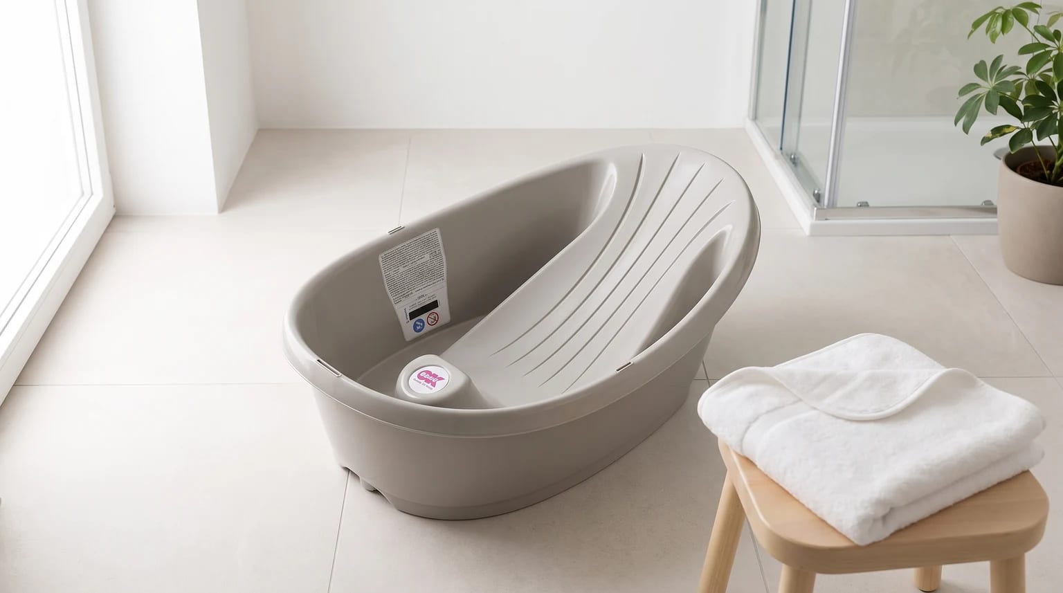 A grey baby bath with an integrated sloped support, placed on a tiled bathroom floor next to a small stool with a folded white towel.