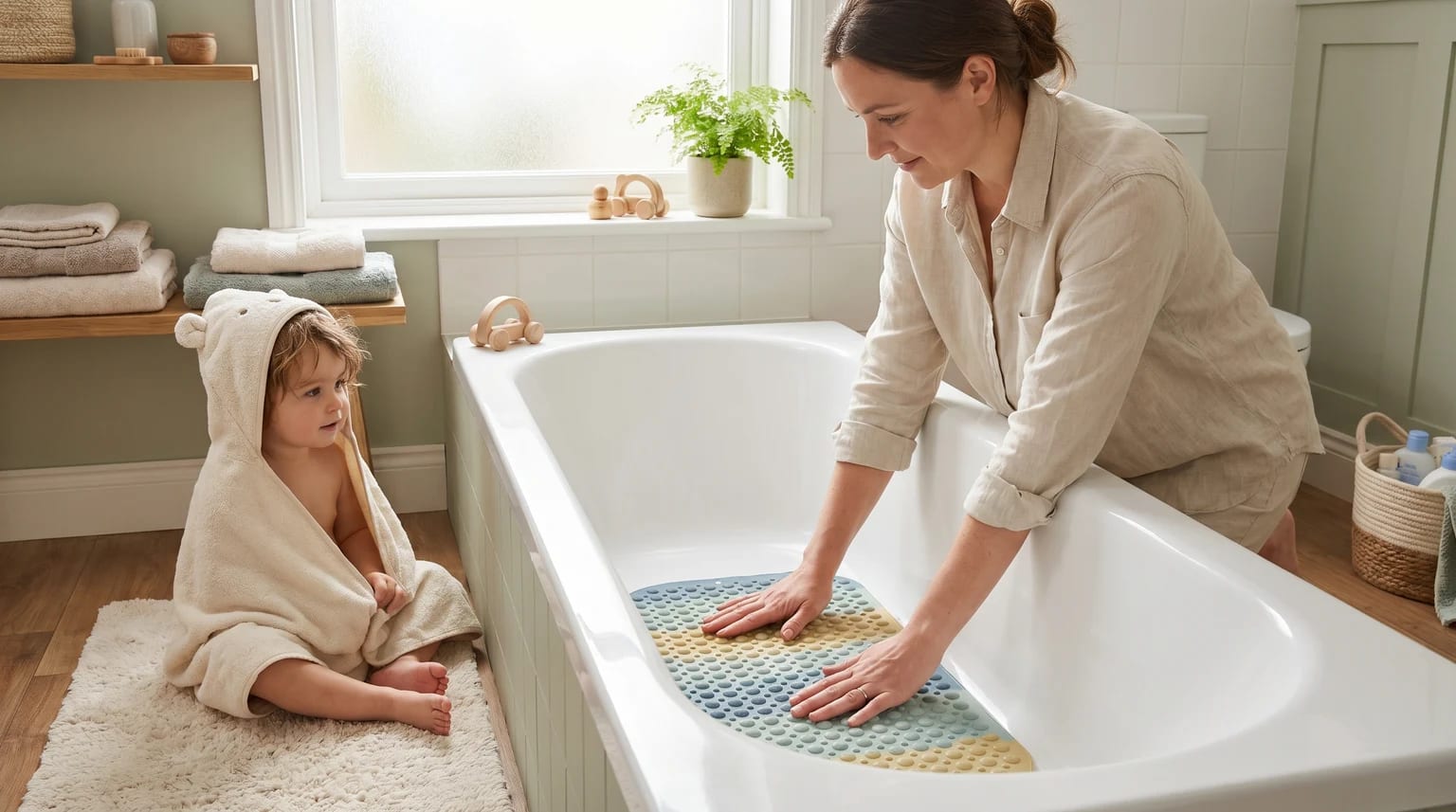 A parent presses a colourful non-slip mat flat inside a white bath while a small child in a hooded towel waits beside the tub.
