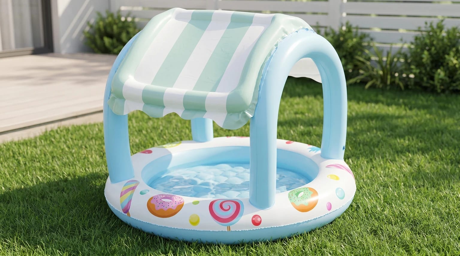 A light blue paddling pool with a striped sun canopy, decorated with a sweets pattern and sitting on a green lawn.