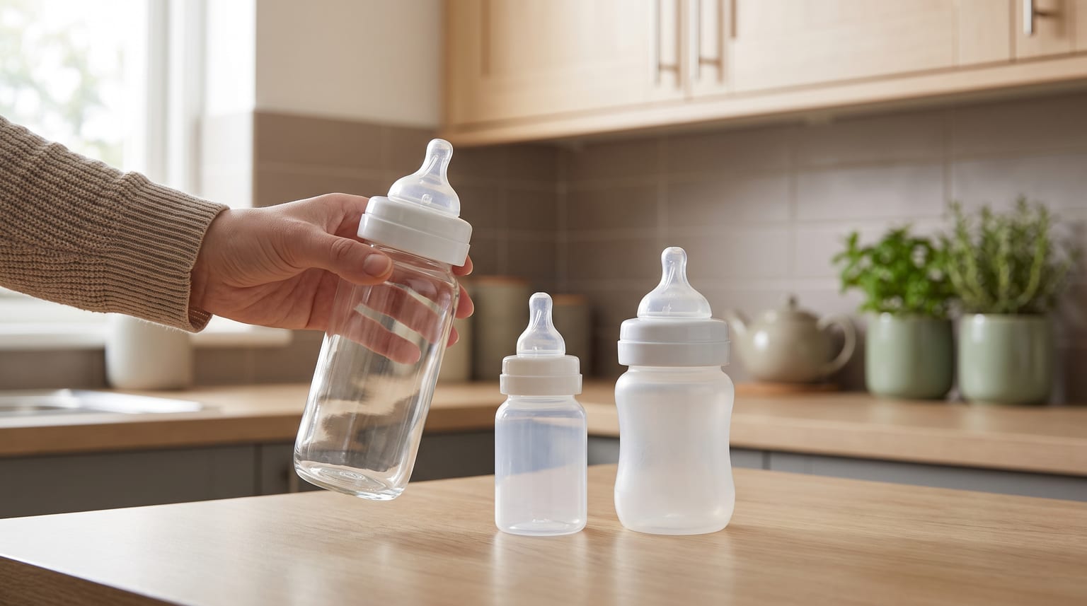Baby bottles in different sizes, shapes and materials on a kitchen counter.