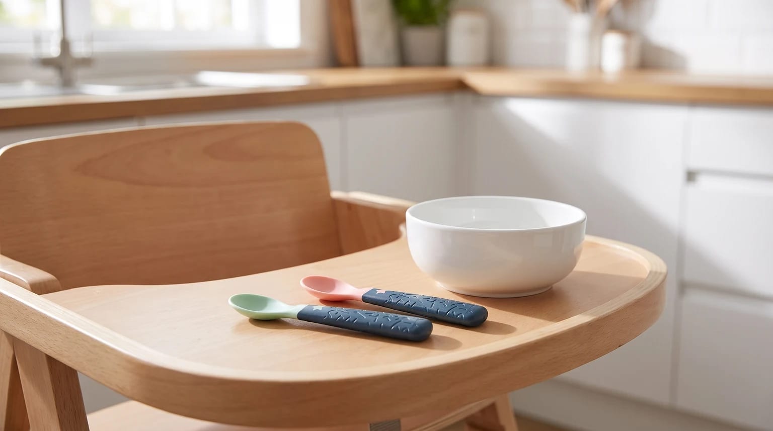 A pair of baby spoons with colourful tips and chunky, star-patterned handles on a wooden highchair tray next to a white bowl.