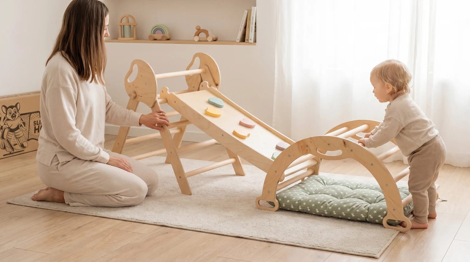 A mum watches her toddler play on a wooden climbing frame set, which includes a Pikler triangle, a slide, and a climbing arch.
