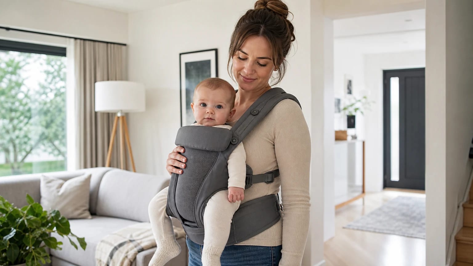 Parent safely wearing a baby in a carrier in a bright home.