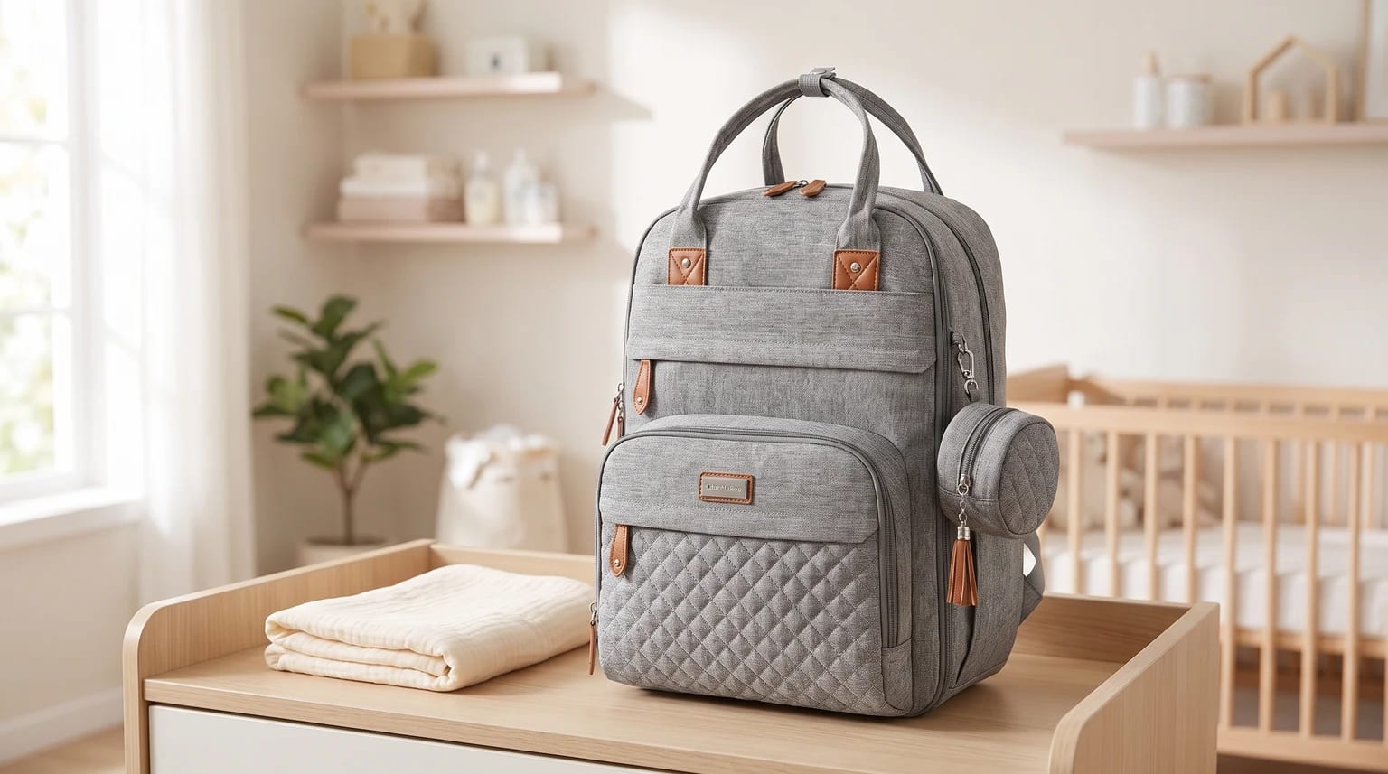 A grey changing rucksack with a quilted front pocket and tan accents, sitting on a wooden changing table in a nursery.