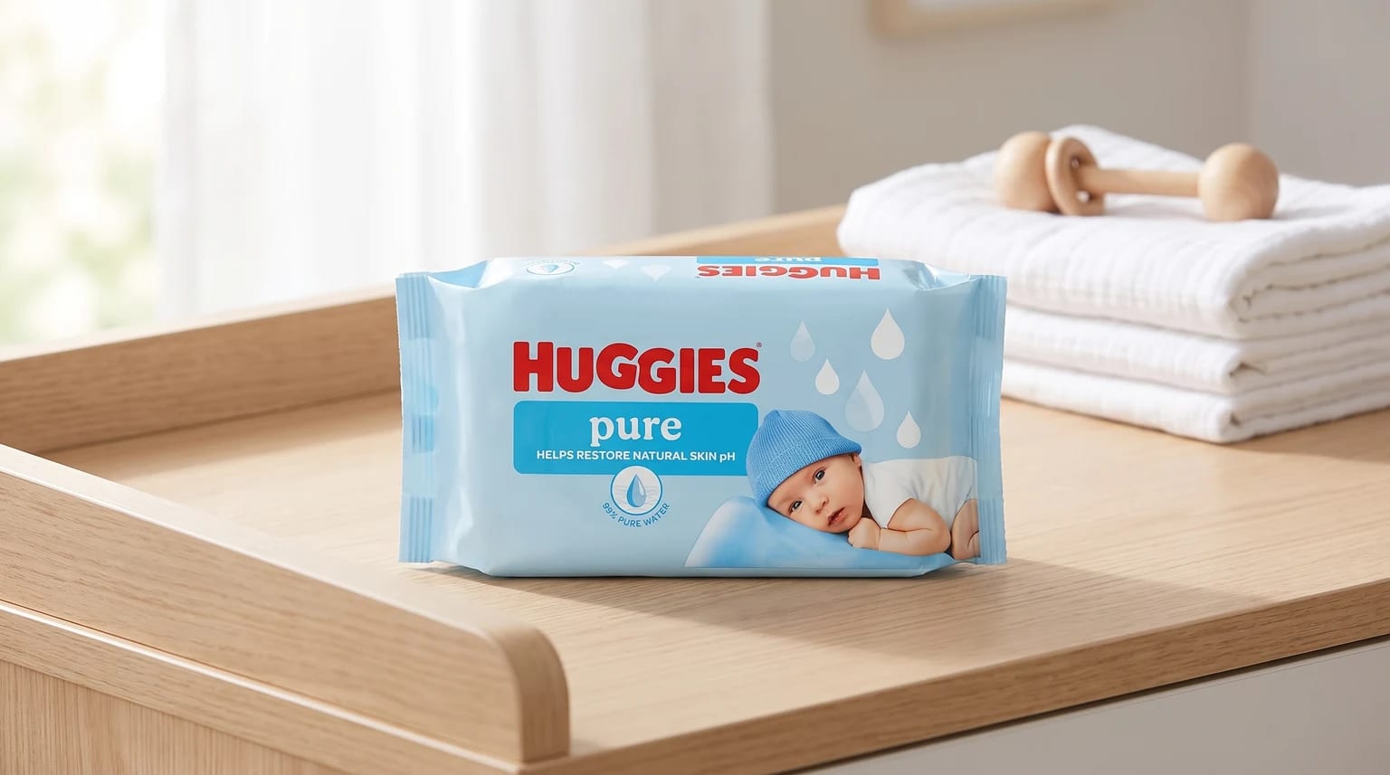 A pack of Huggies Pure baby wipes rests on a wooden changing table, with a stack of white towels and a wooden rattle in the background.