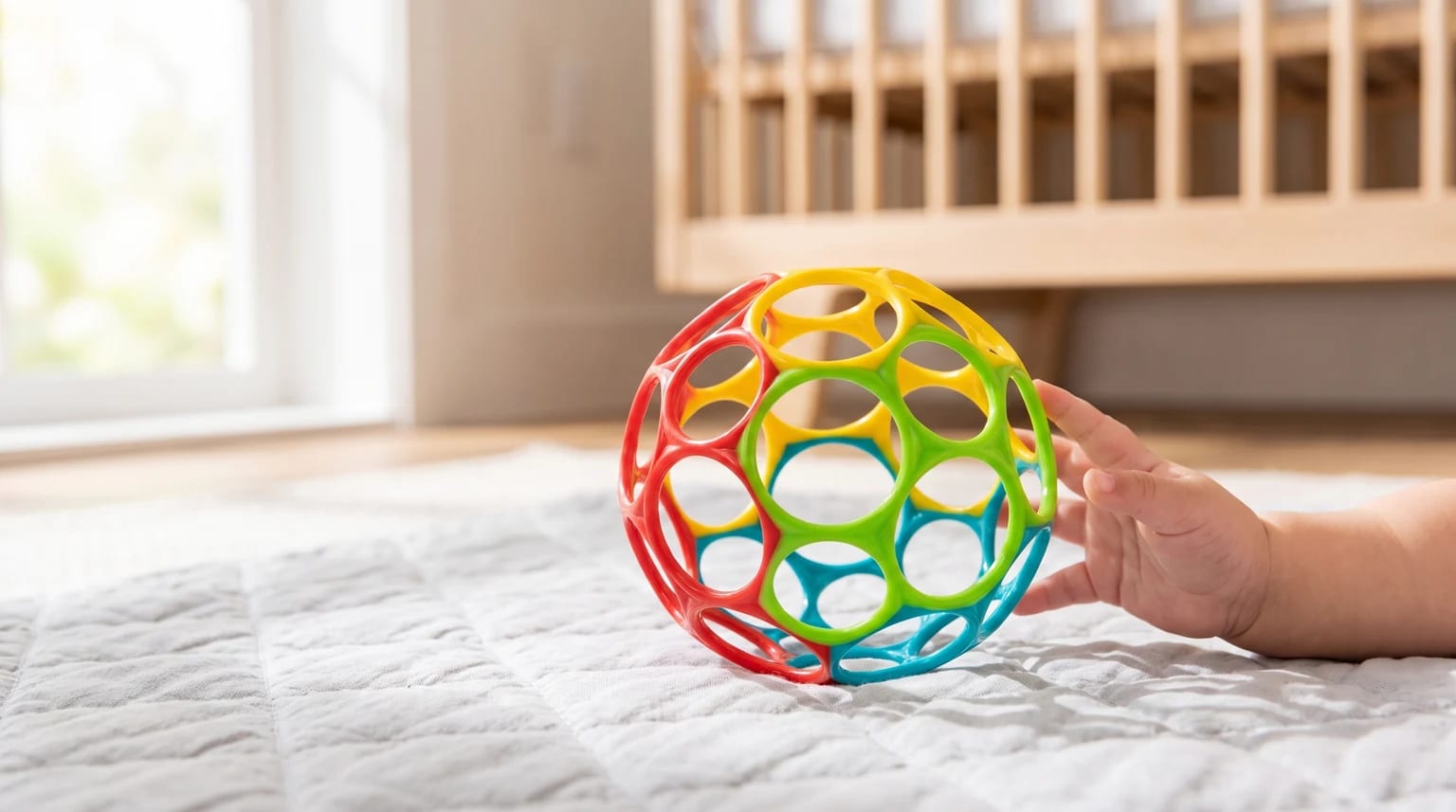 A baby's hand reaches for a colourful, latticed grasp ball on a white quilted play mat, with a wooden cot in the background.