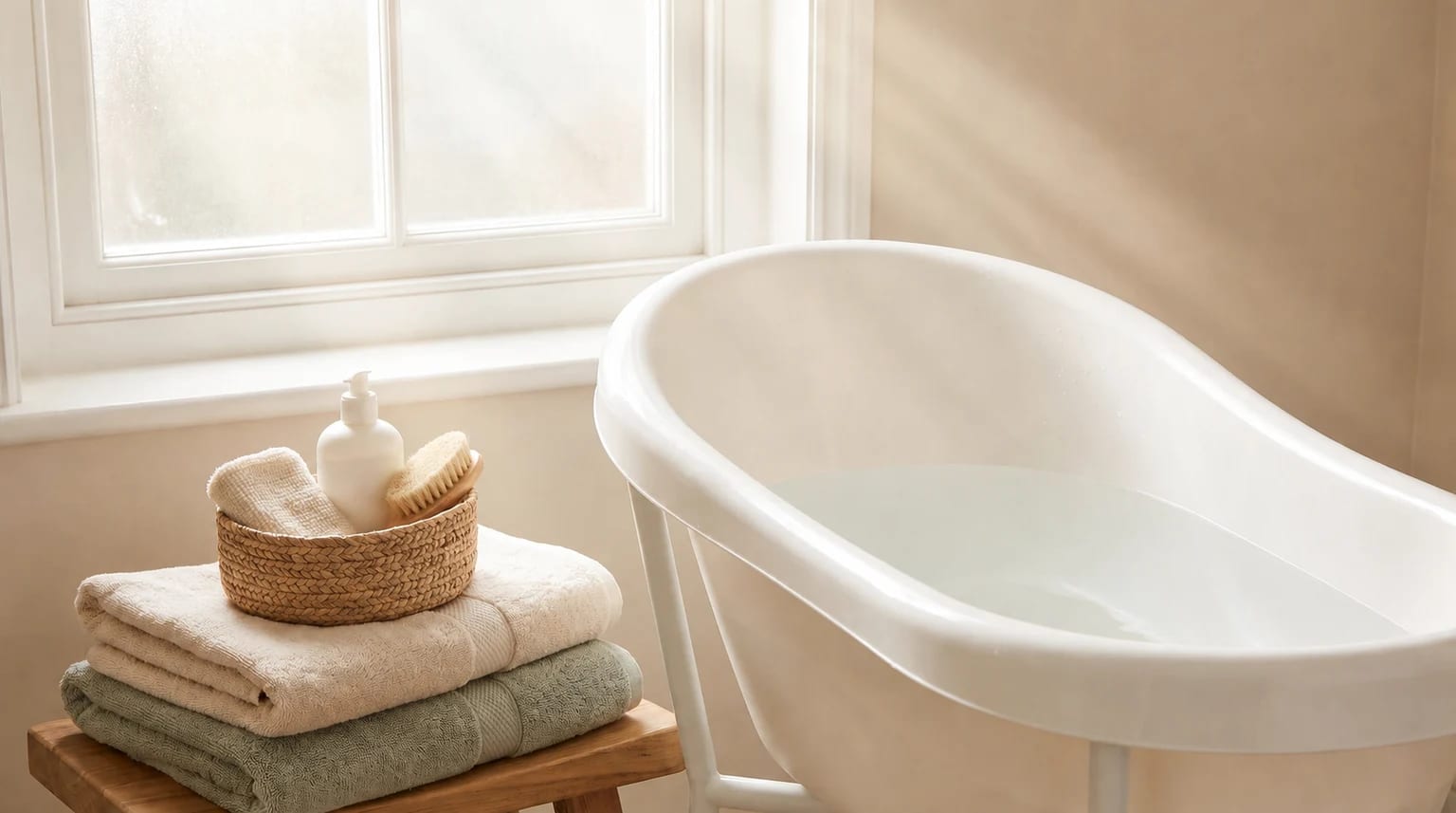 A white baby bath sits beside folded towels and bathing essentials in a bright bathroom.