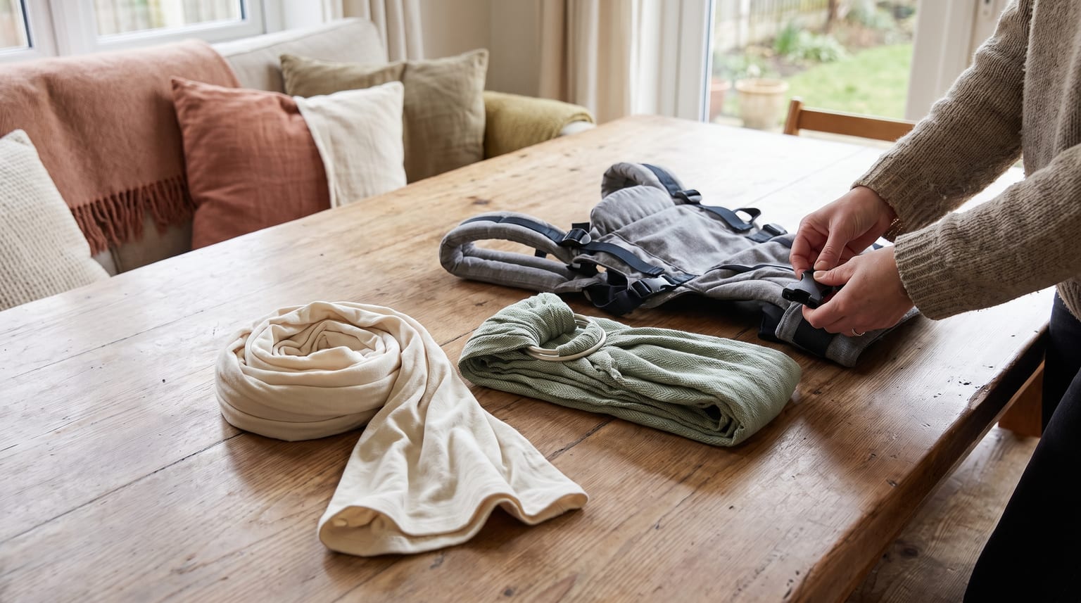 Adult hands compare the buckles and straps of a structured carrier with wrap fabric and a ring sling.