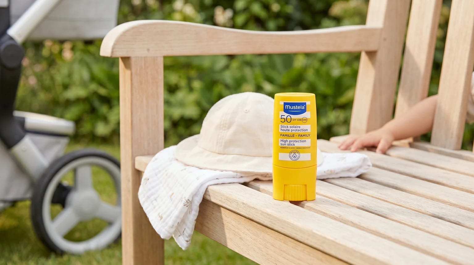 A yellow Mustela sun stick stands on a wooden garden bench next to a baby's sun hat, with a child's hand and a pram in the background.