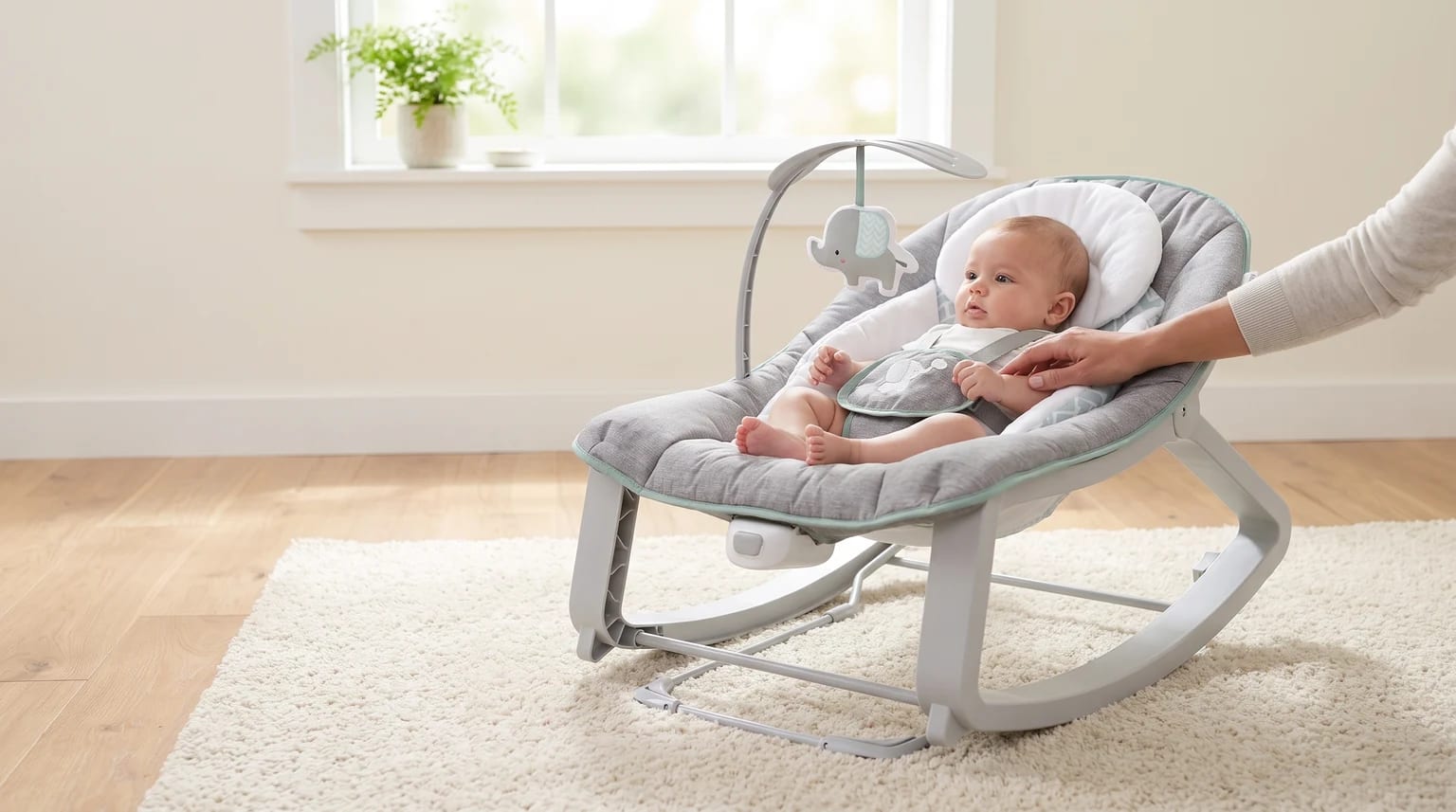 A small baby sits in a grey padded baby rocker on a cream rug, while a parent's hand gently holds their arm.
