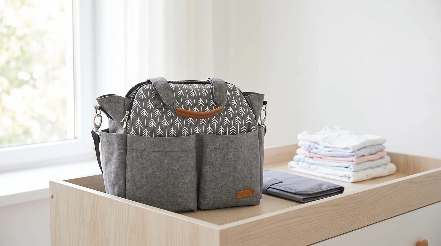 A grey fabric nappy bag with a white arrow pattern sitting on a wooden changing unit, next to a folded mat and a stack of clean baby clothes.