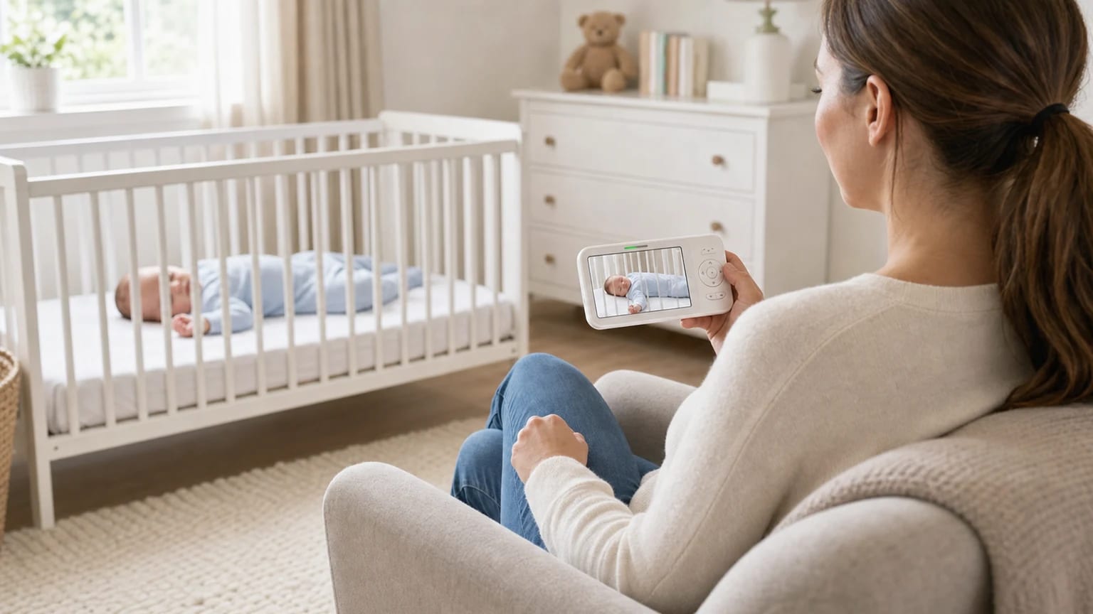 A parent sits in a bright nursery holding a baby monitor while a baby in a pale blue sleepsuit sleeps in a nearby white crib.