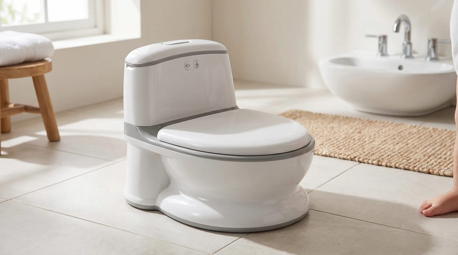 A white potty training toilet that looks like a miniature loo, sitting on a tiled bathroom floor next to a toddler's foot.