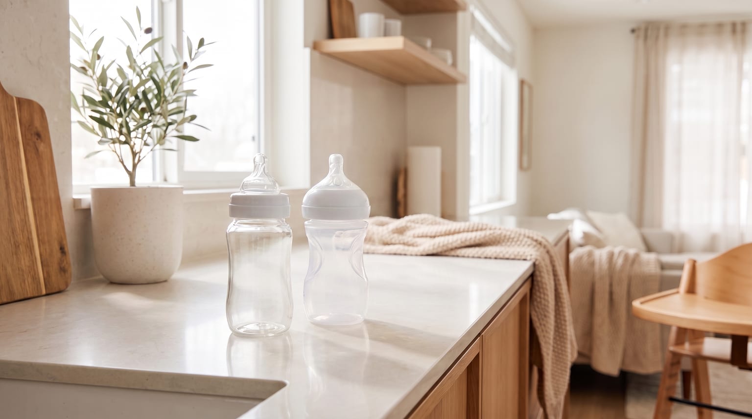 Two empty baby bottles stand on a bright kitchen worktop.