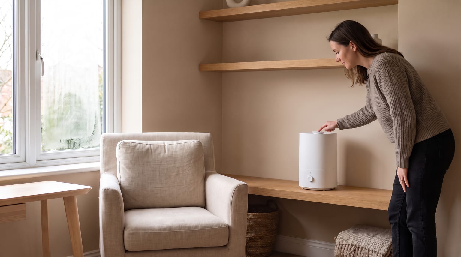 An adult checks a humidifier beside a window with visible condensation.