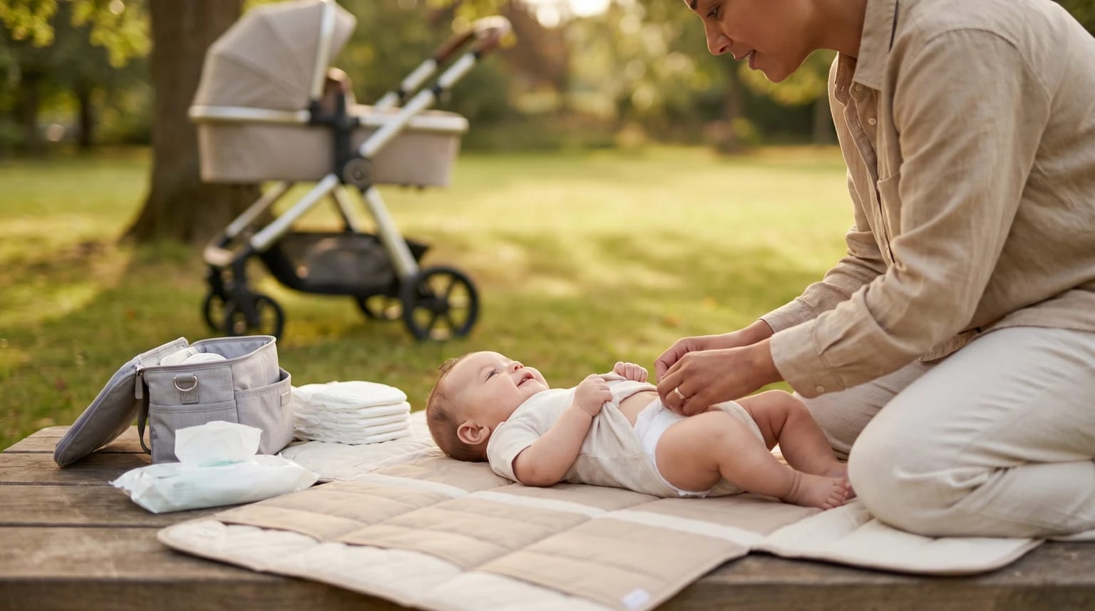 A parent tends to a baby on a portable changing mat outdoors, with nappies, a changing bag and a pram nearby.