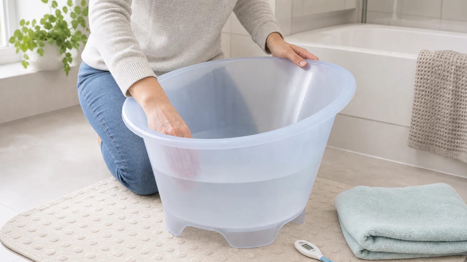 Parent checking water in a purpose-built baby bath before use