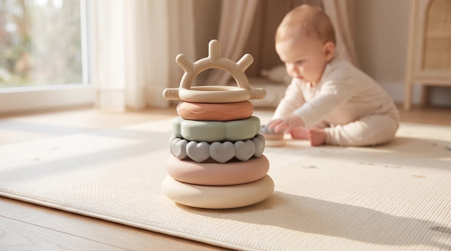 A soft stacking toy with rings in muted pastel colours sits on a playmat in the sunshine, with a baby playing in the background.