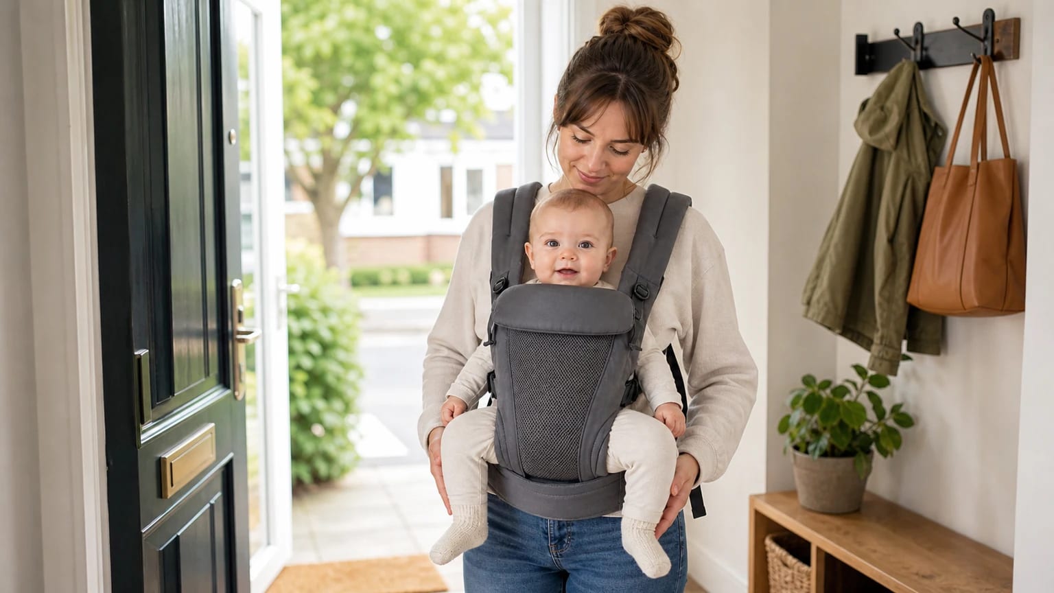A parent using a baby carrier for calm everyday movement with the baby safely supported.