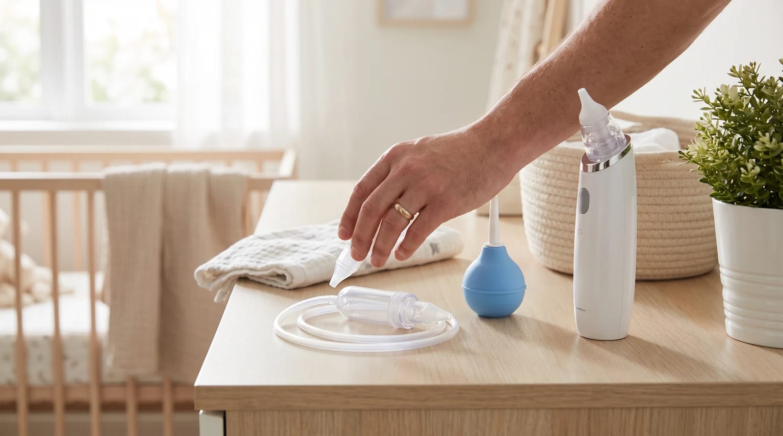 A caregiver's hand reaches for one of several baby nasal aspirators laid out on a wooden surface in a softly lit nursery.