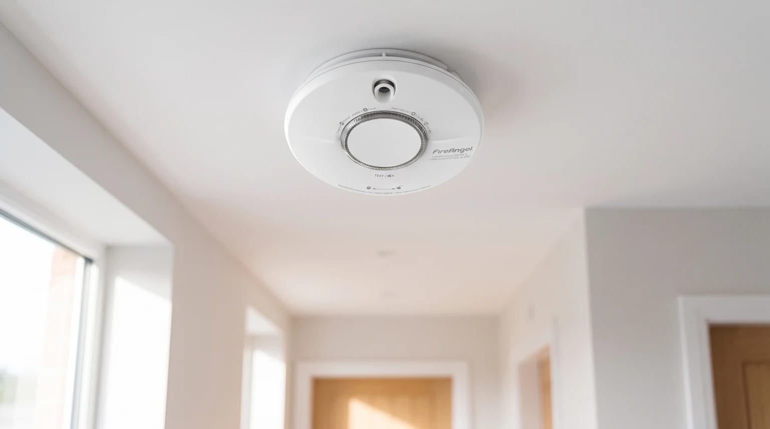 A white FireAngel smoke and carbon monoxide alarm fitted to the ceiling of a bright, modern hallway.
