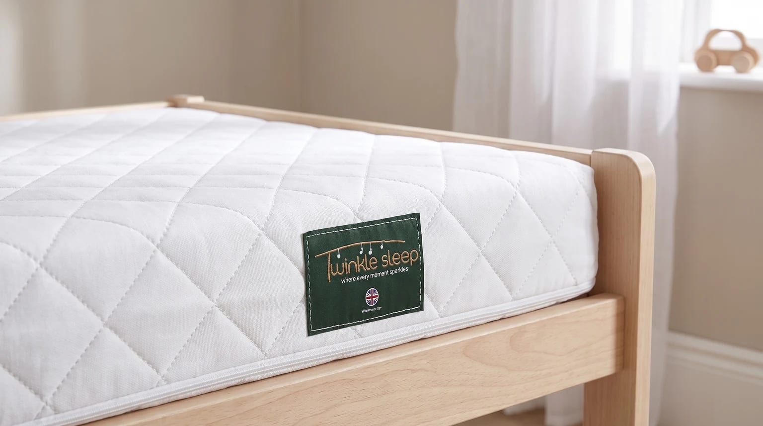 A close-up of a white, diamond-quilted cot mattress with a green 'Twinkle sleep' label, sitting in a light-coloured wooden cot bed.