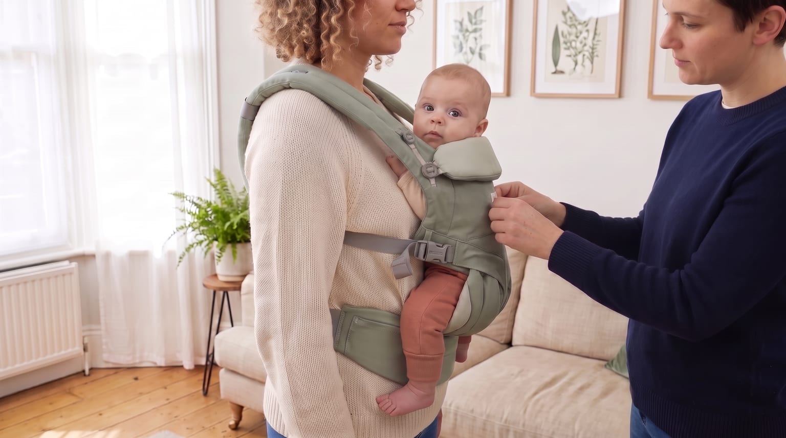 An alert baby looks towards the camera while a nearby adult checks the baby's inward-facing position in a carrier.