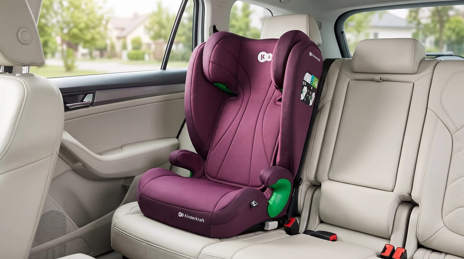 A deep purple Kinderkraft high-back booster seat fitted onto the light cream back seat of a car.