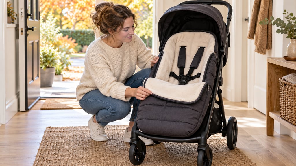 A parent opens a fleece-lined footmuff in an empty pushchair before an autumn walk.