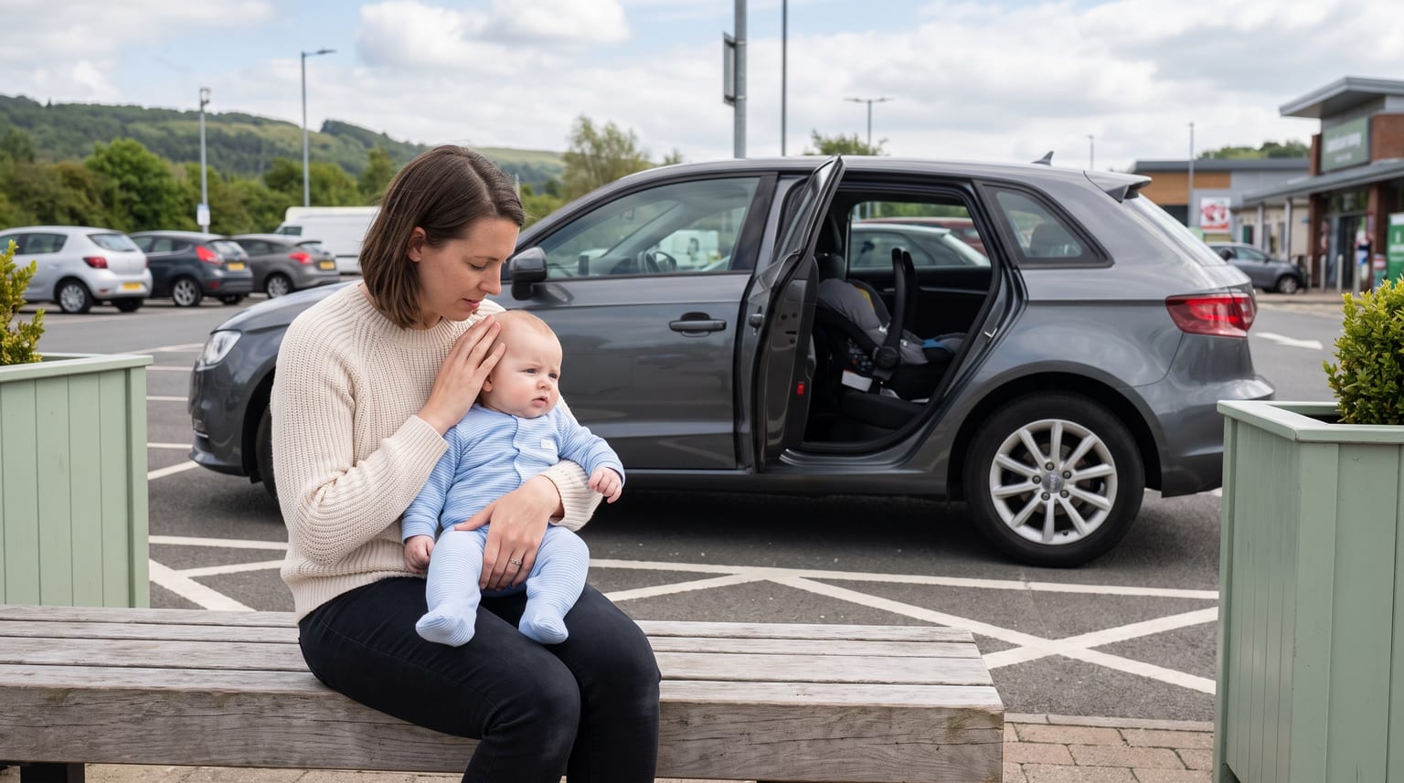 Caregiver holding an awake baby outside a parked car during a journey break, with the empty car seat visible.
