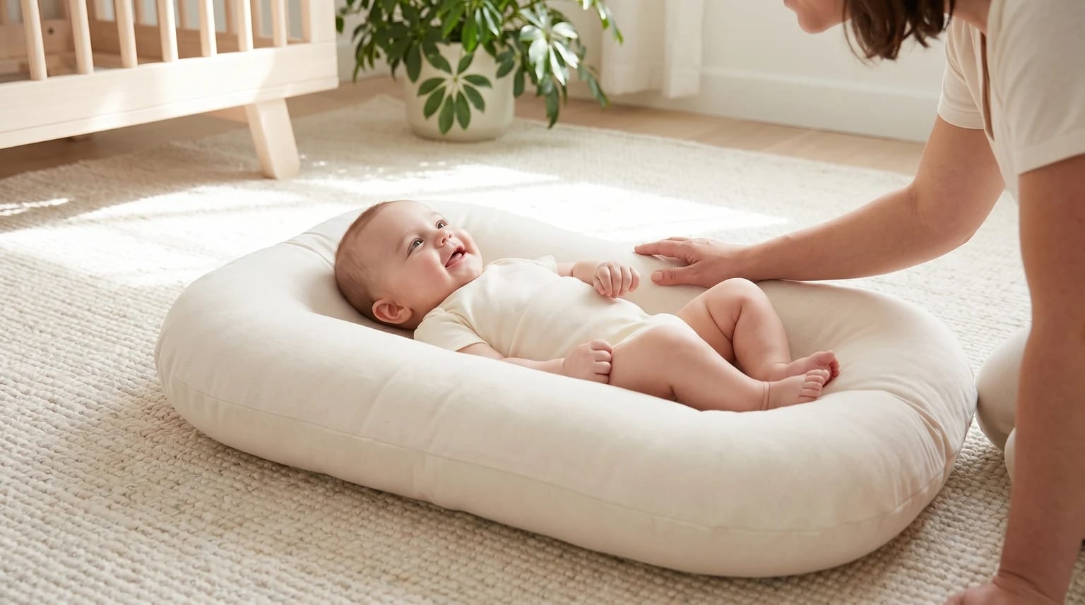 An awake baby smiles in a cream baby lounger on a floor rug while their mum stays close beside them.