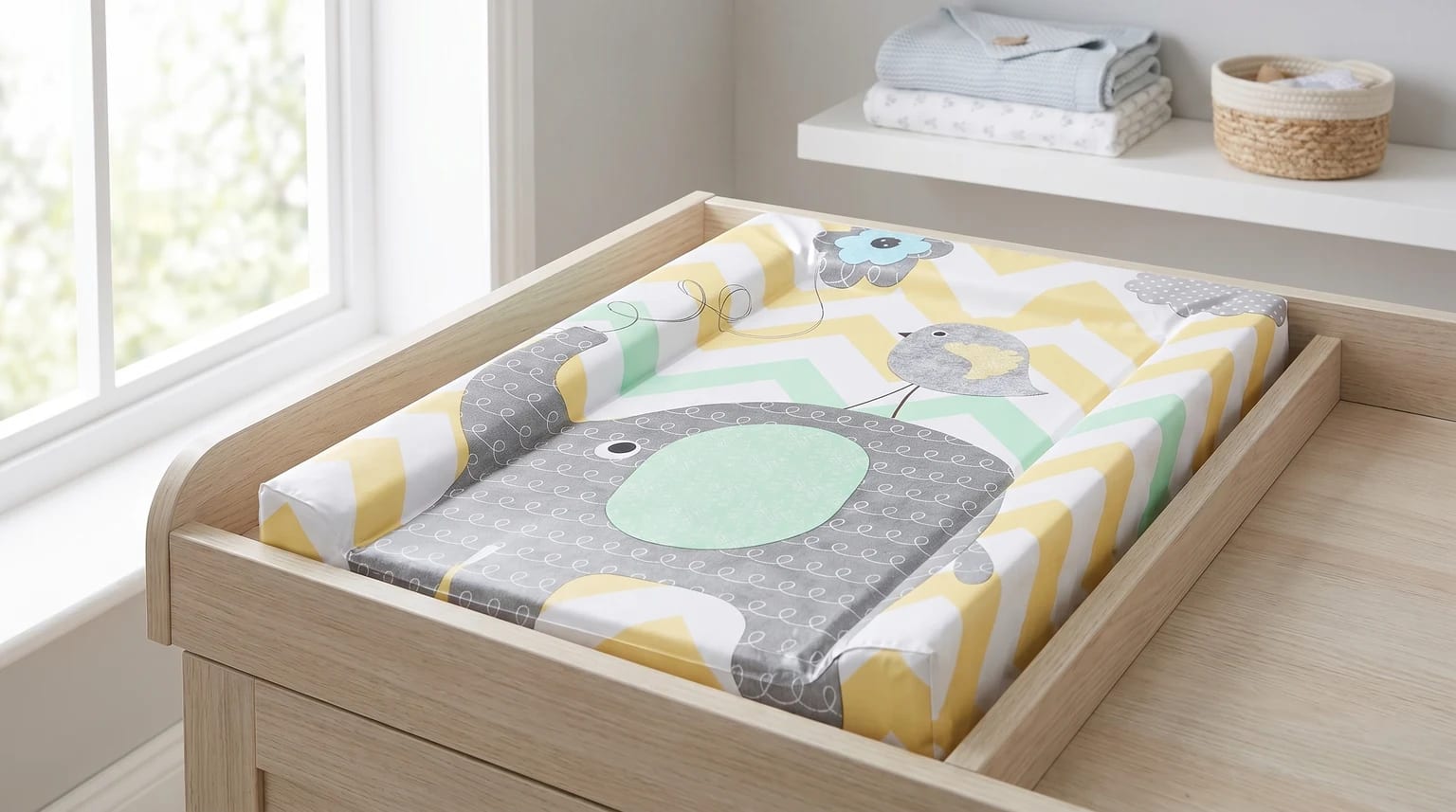 A baby changing mat with a cartoon elephant and bird design, featuring a yellow and mint chevron pattern, on a light oak changing table.