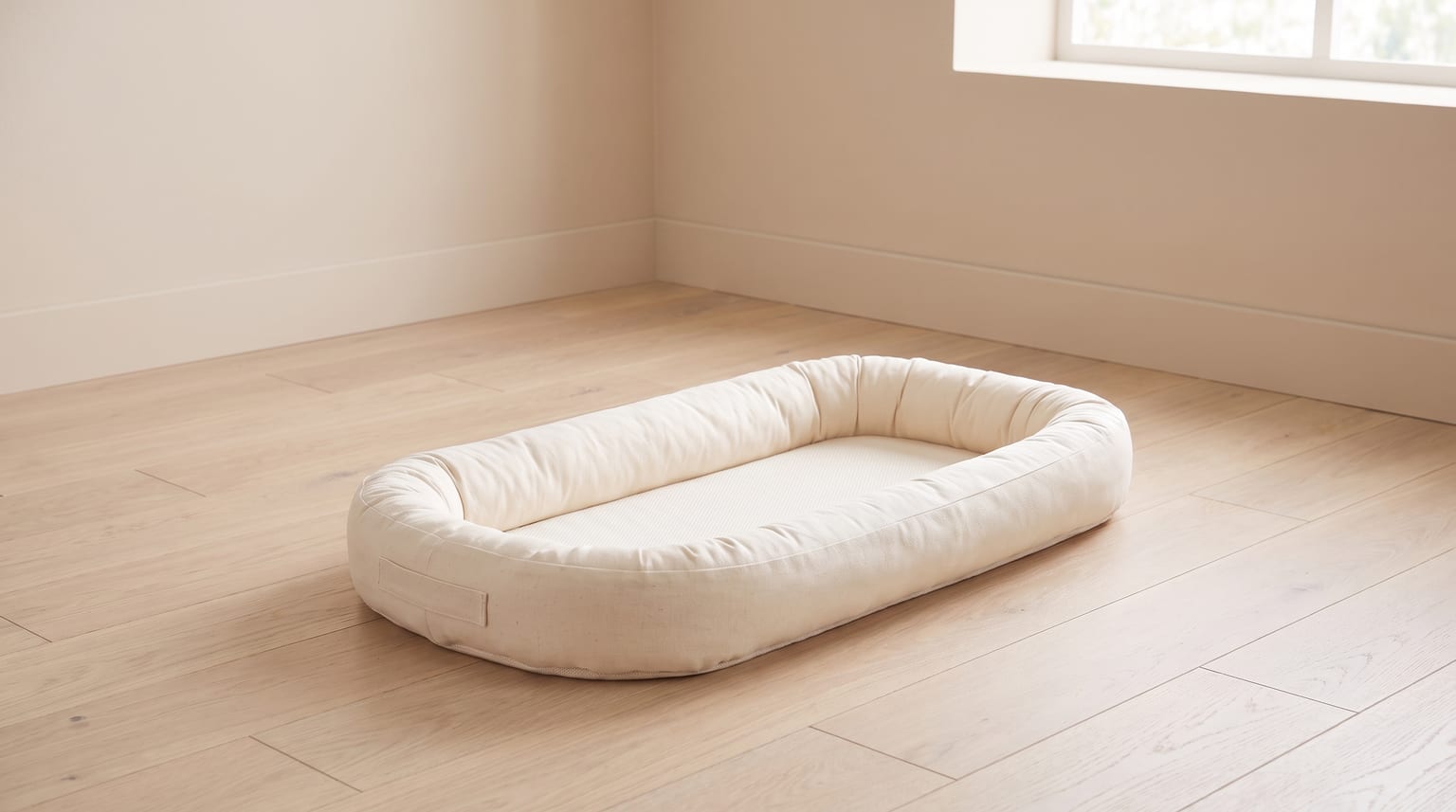 An empty cream-coloured baby nest on a pale wooden floor in a bright neutral nursery.