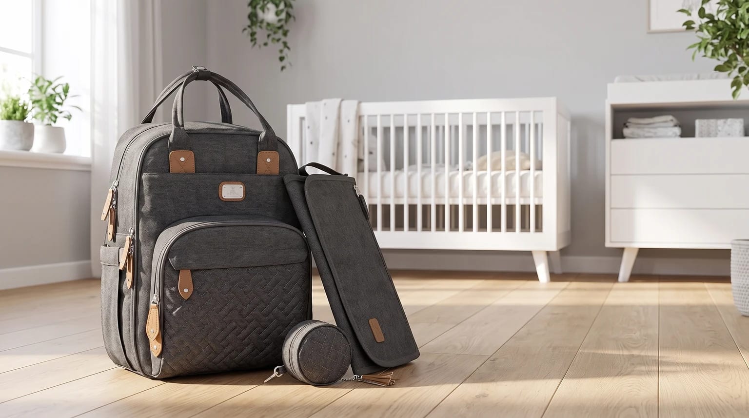 A grey nappy backpack with its matching changing mat and a small pouch, set on the wooden floor of a sunlit baby's nursery.