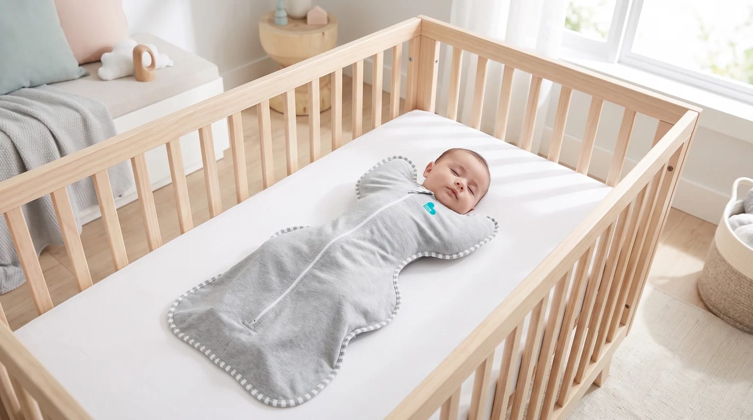 A newborn baby lying on their back in a clear wooden cot while wearing a grey Love To Dream arms-up swaddle.