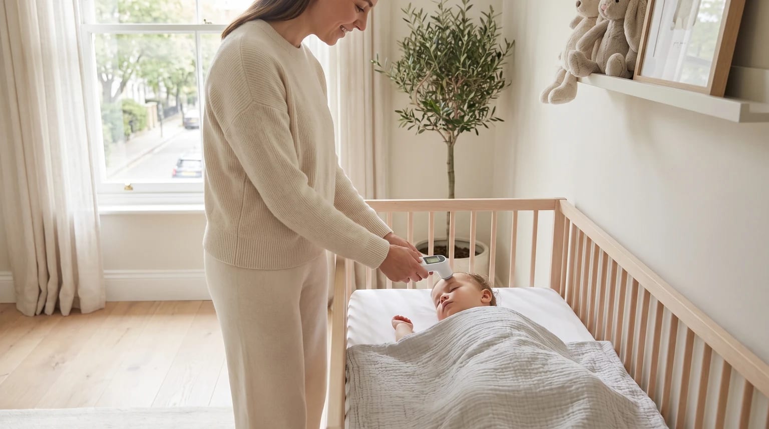 A woman in a cream jumper gently checks the temperature of a baby sleeping in a light wood cot using a digital forehead thermometer.