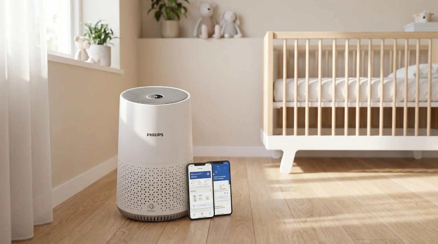 A white Philips air purifier on the wooden floor of a baby's nursery next to a cot, with two smartphones leaning against it displaying the app.