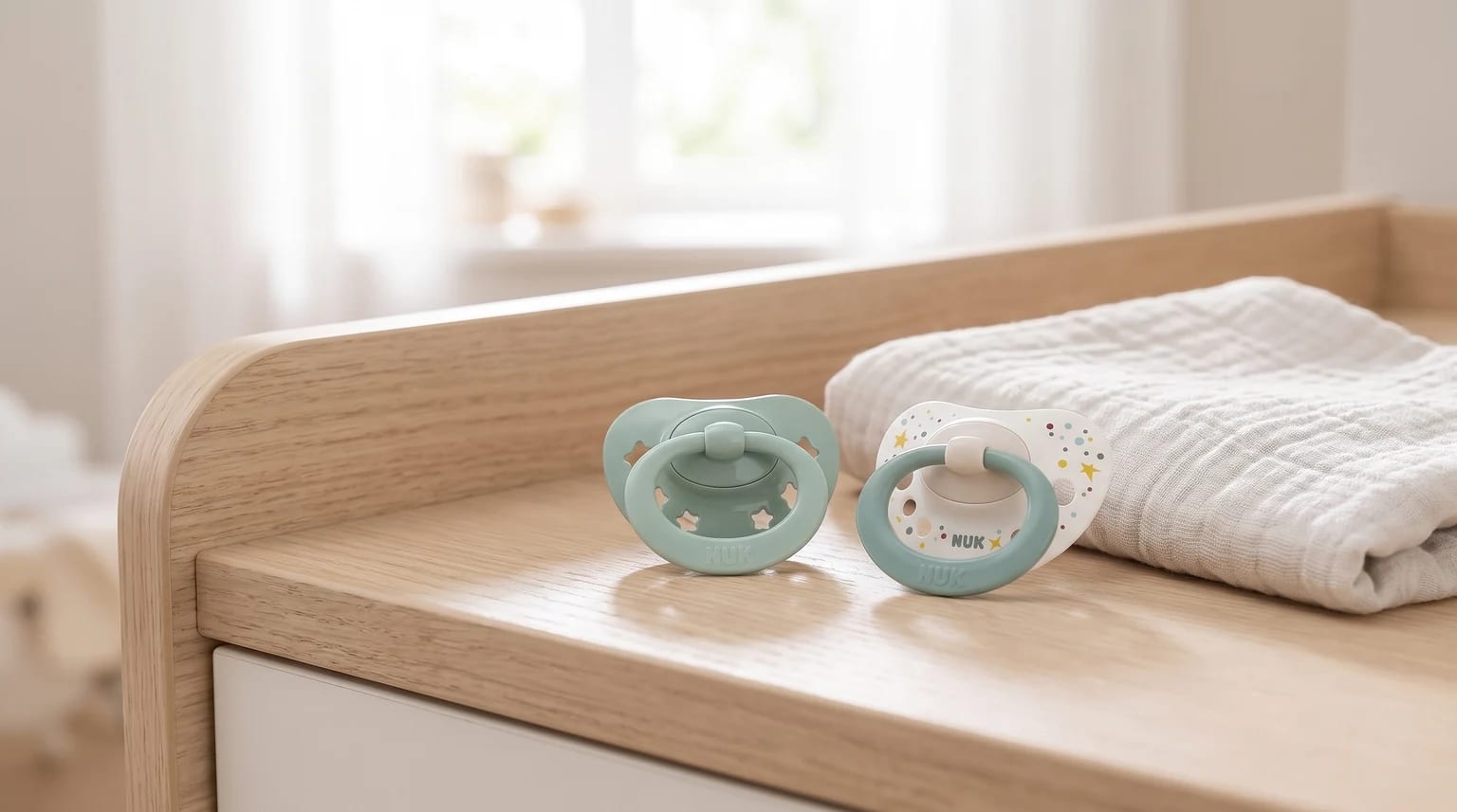 Two NUK baby dummies, one mint green and one with a star pattern, sit on a wooden changing table next to a folded muslin cloth.