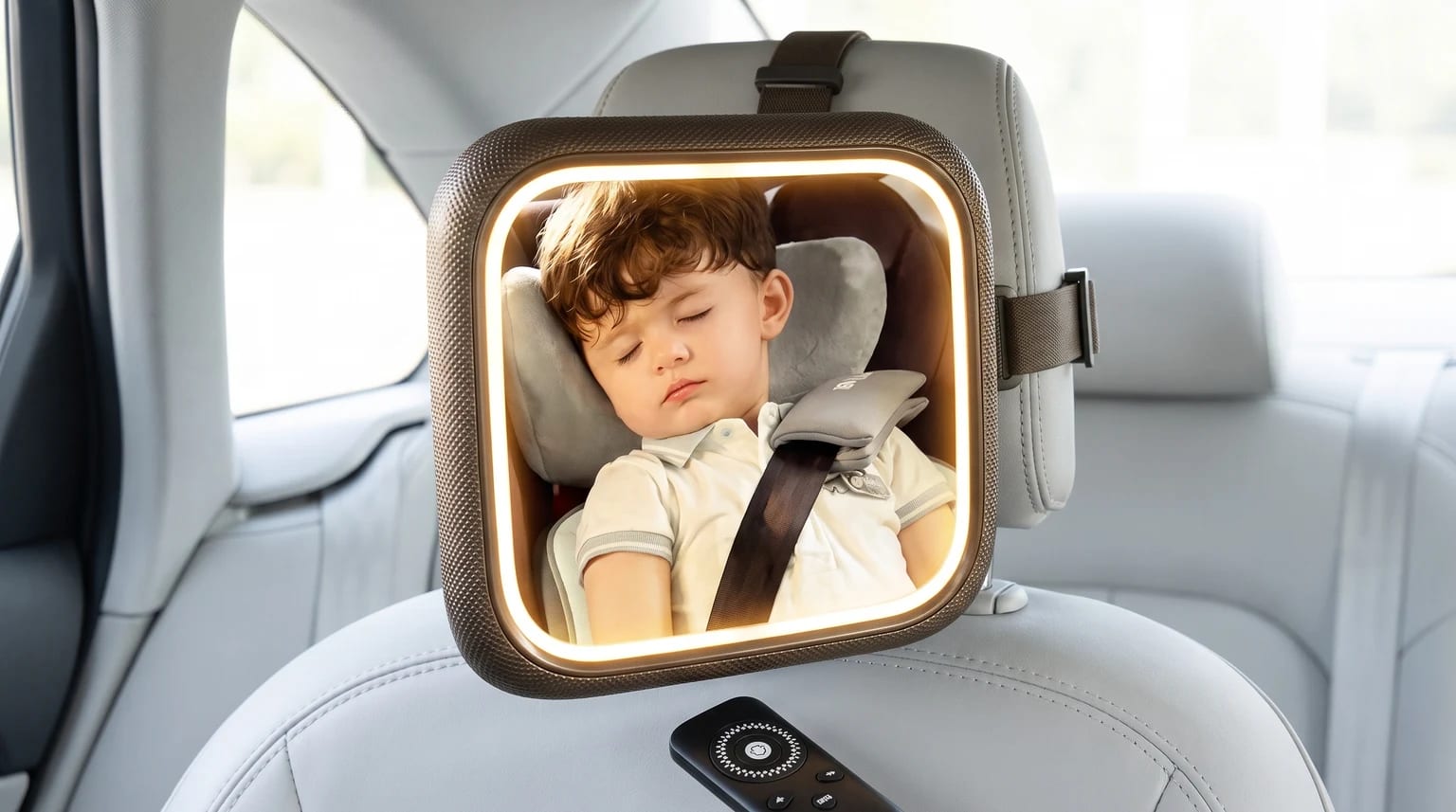 A Semxnly light-up baby car mirror attached to a rear headrest reflects a sleeping toddler in a rear-facing car seat.